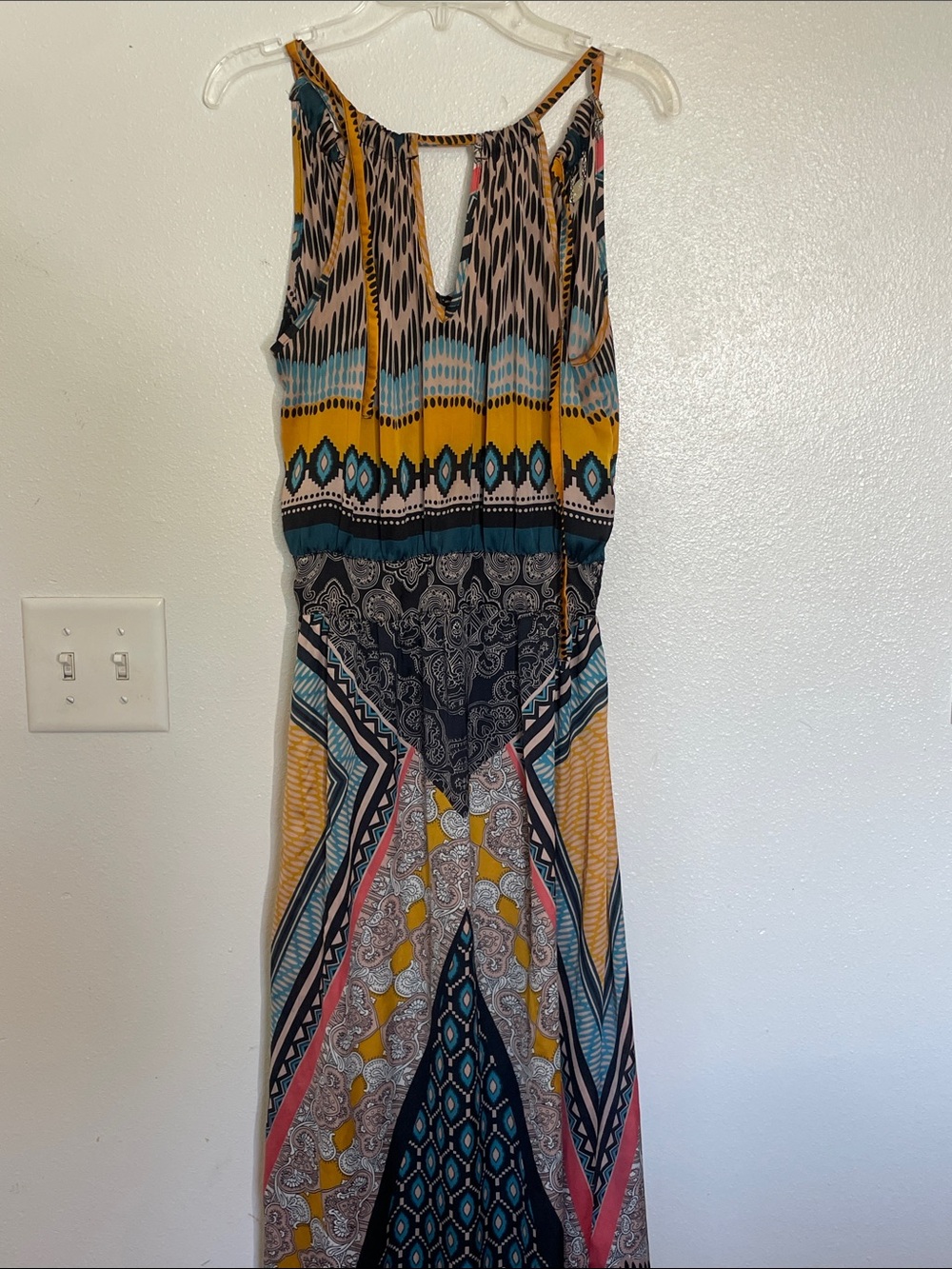 Ali & Kris Teal Yellow Black Patterned Sleeveless Maxi Dress